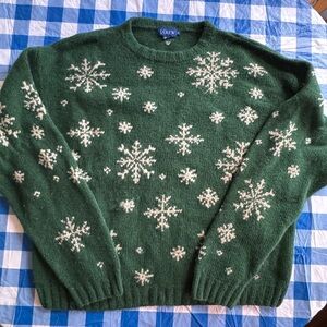 J. Crew Forest Green Sweater with Cream Snowflakes Vintage Stunning XL Christmas